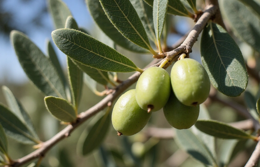 Close-up of olive leaves and young olives