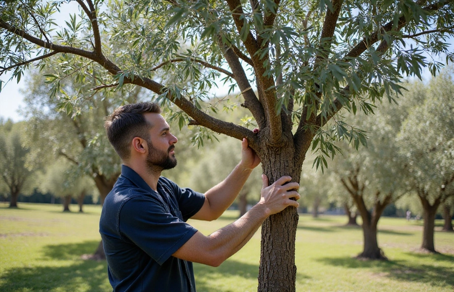 Gardener pruning an olive tree