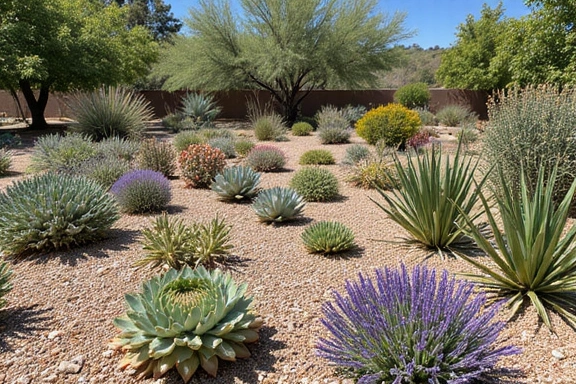 Variety of drought-tolerant plants in a arid garden