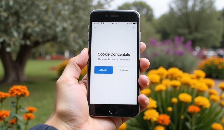 A hand holding a smartphone displaying a cookie consent pop-up, with a vibrant Spanish garden in the blurred background.