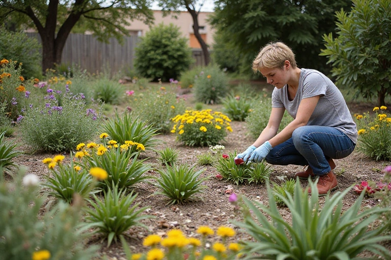 A person tending to a vibrant garden in Spain, surrounded by various plants and flowers