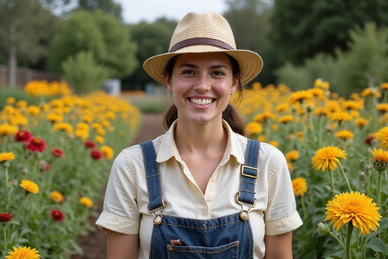 Happy gardener smiling in a beautifully blooming Spanish garden