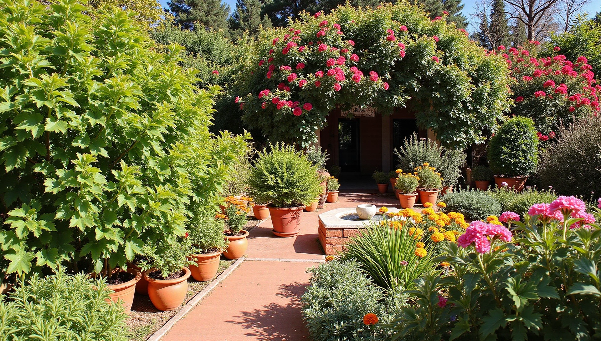 Vibrant Spanish garden with lush greenery and colorful flowers under a bright sun