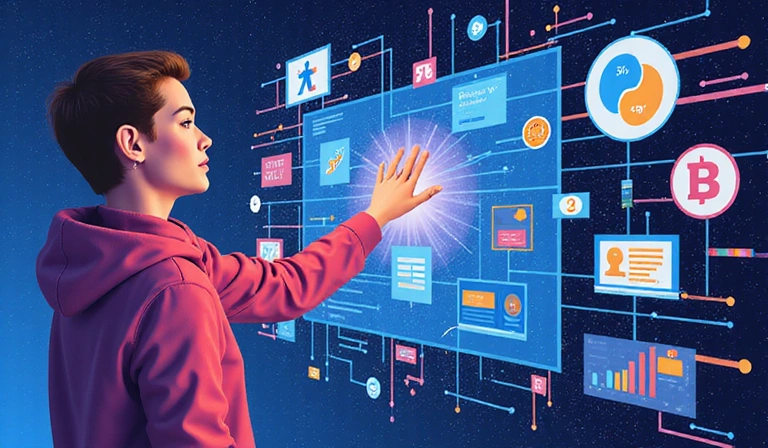 Abstract illustration of personal data rights, showing a person interacting with digital information, symbols of control and privacy