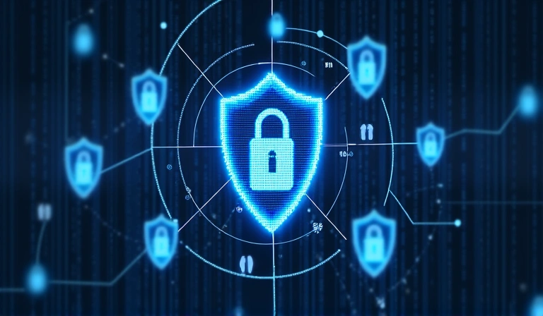 Digital representation of data privacy and security, with abstract shields and locks
