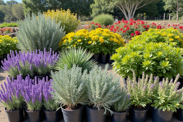 A vibrant display of various potted Mediterranean plants in a nursery