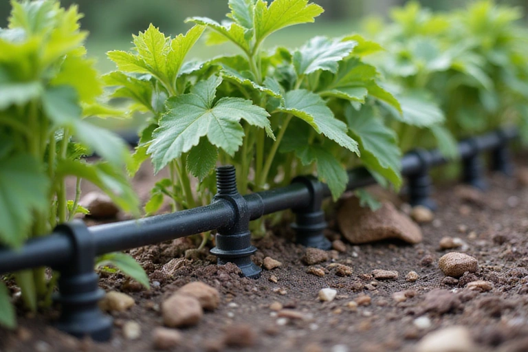 Close-up of a drip irrigation system watering plants in a Mediterranean garden