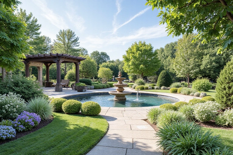 Detailed garden design blueprint with lush greenery and architectural elements