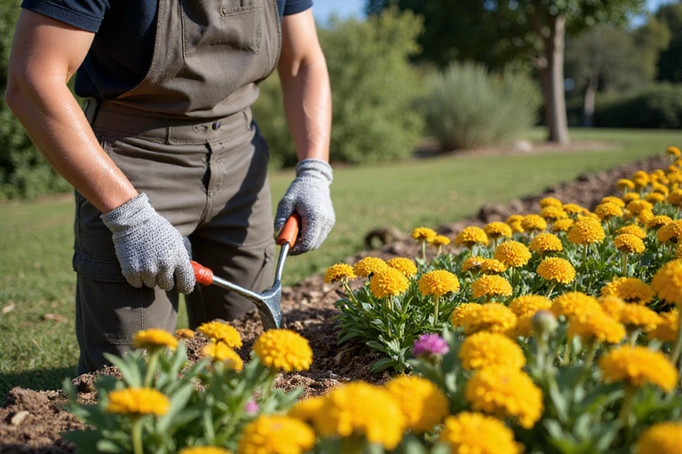 Gardener meticulously tending to a vibrant flower bed in a lush Spanish landscape